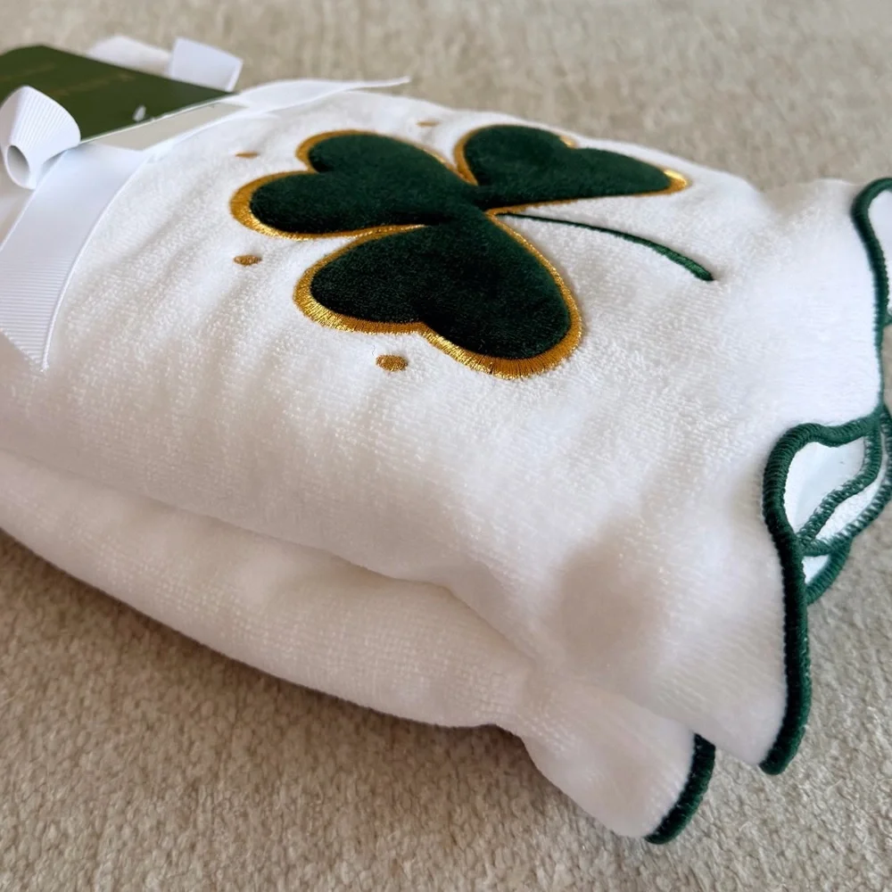 KASSADECOR White Hand Towel with Green and Gold Shamrock